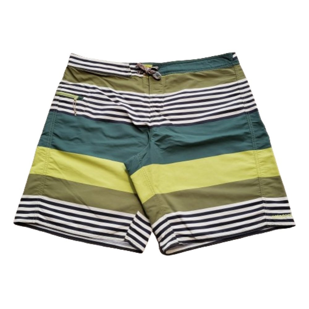 Patagonia Striped Board Shorts Green Men's 40 Summer Beach Trendy Swim Trunks